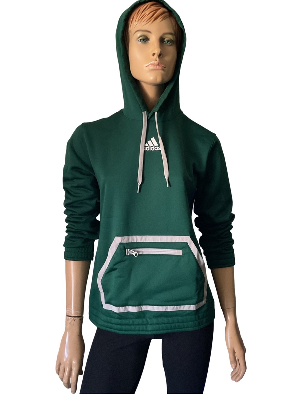 ADIDAS FOREST GREEN HOODIE ATHLETIC TOP  WITH GRAY TRIM  - Sz M